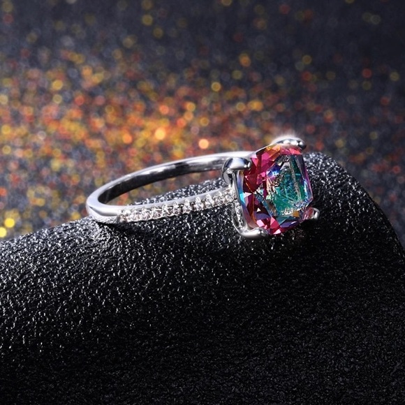 Silver Princess Cut Mystic Topaz Diamond Ring - Picture 2 of 5